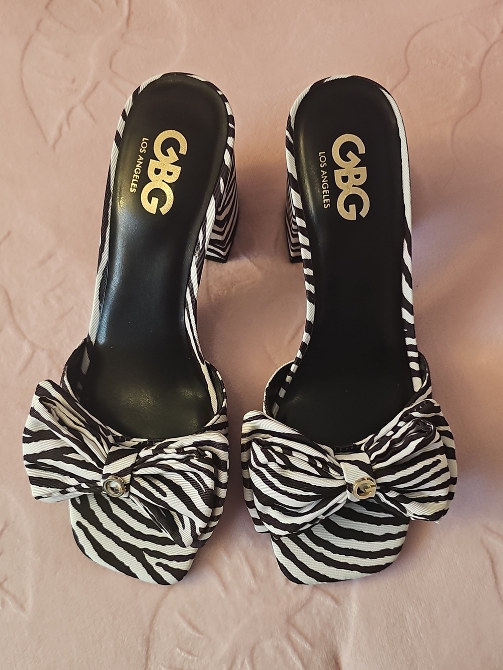 GBG Los Angeles Zebra Bow Block Heel Mules - Black & White